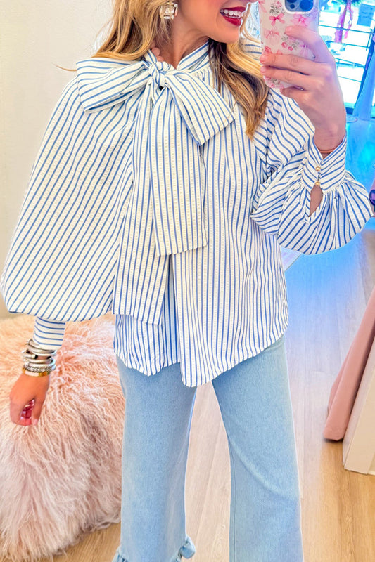 Blue Stripe Bow Long Sleeves Top