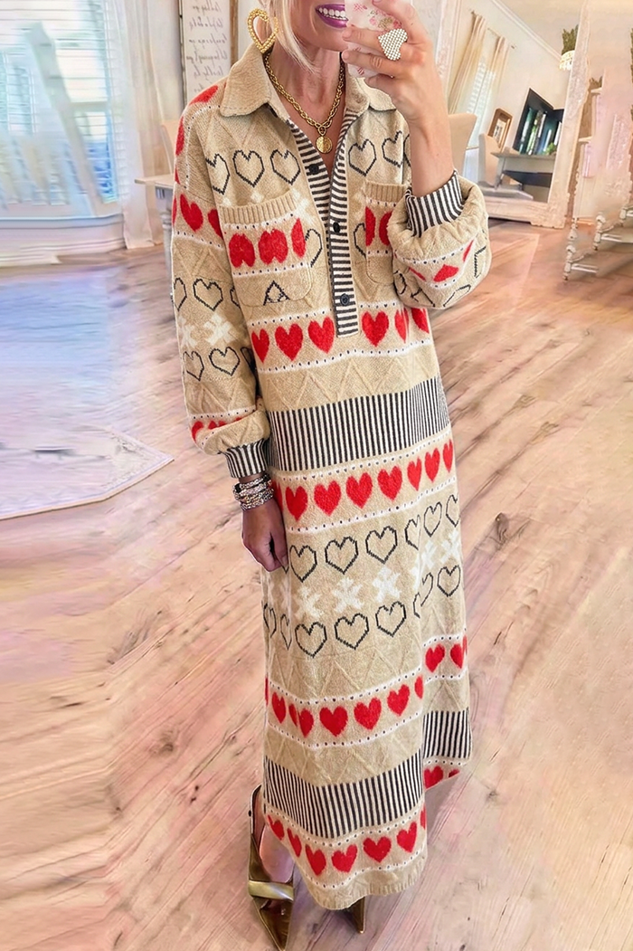Knit Jacquard Heart Long Sleeves Chest Pockets Maxi Dress