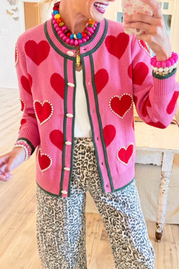 Pink Heart Pattern Pearl Embellished Contrast Trim Cardigan