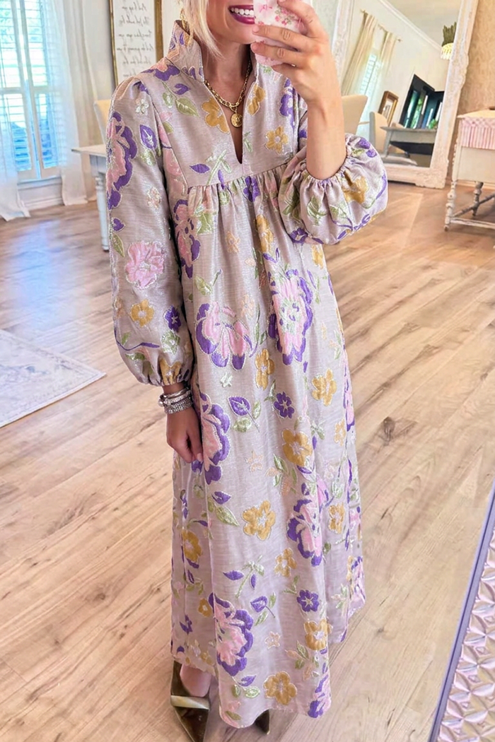 Floral Jacquard Puff Sleeve Maxi Dress