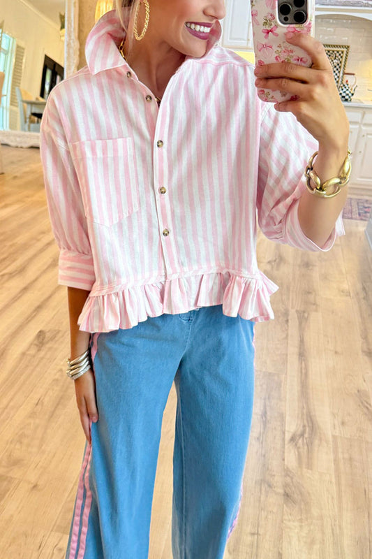 Stripe Button Up Ruffle Hem Top