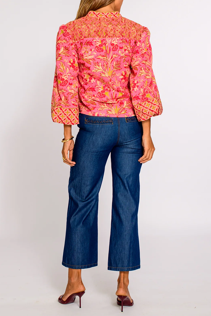 Floral Mandarin Collar Balloon Sleeves Top