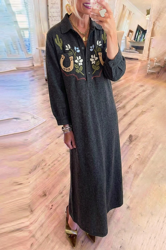 Dark Charcoal Collared Western Floral Horseshoe Embroidery Knit Maxi Dress
