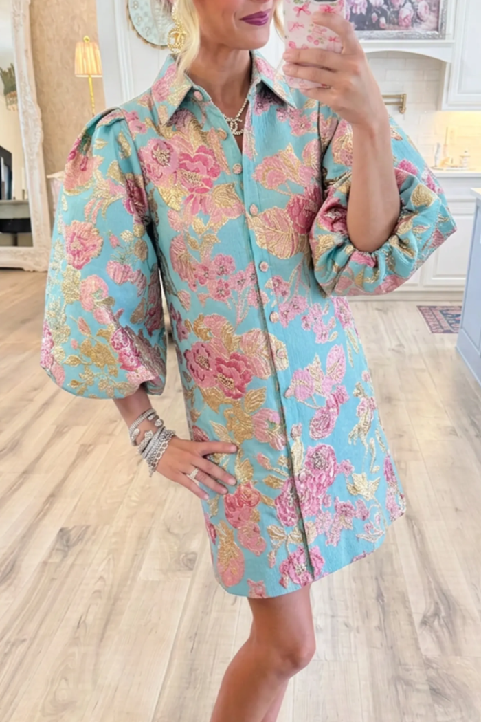 Turquoise Floral Jacquard Collared Button Front Balloon Sleeve Shirt Dress