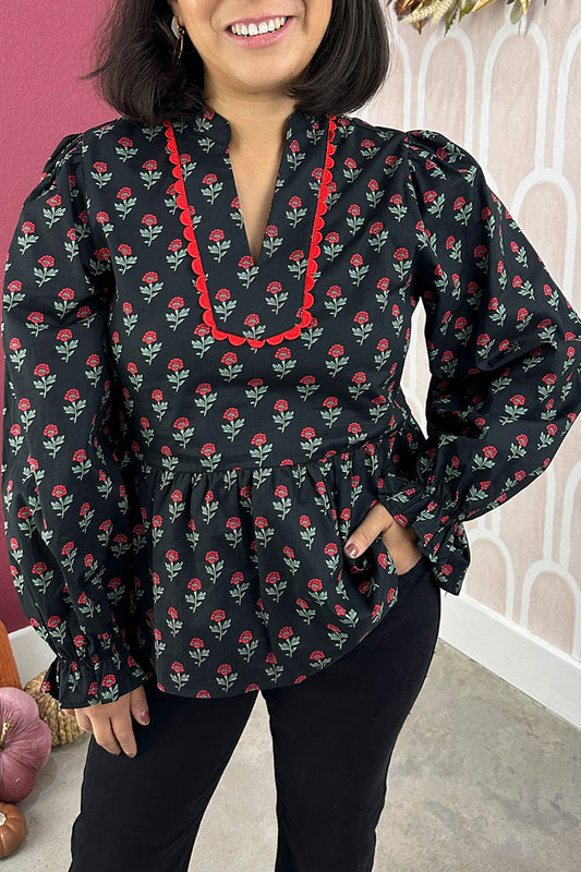 Rose-Print Peplum Top