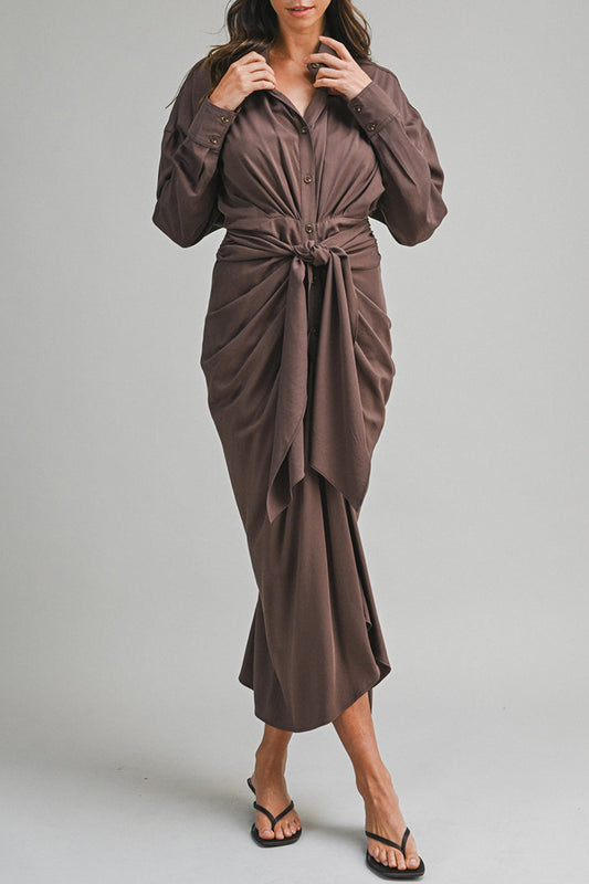 Ruched Front Tie Shirt Maxi Dress