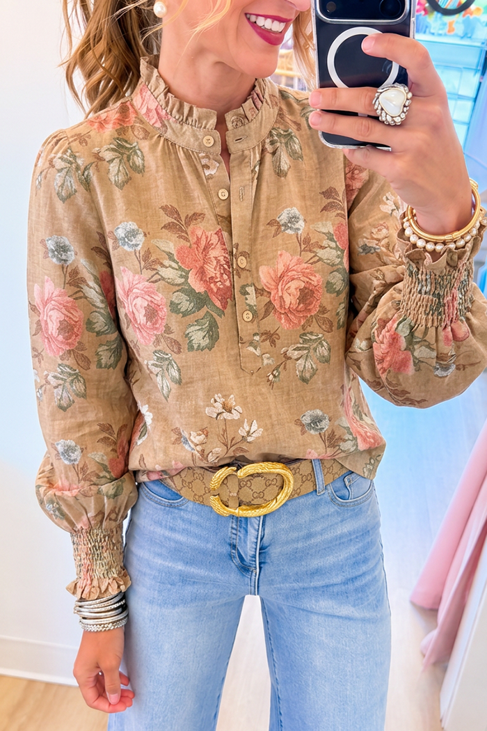 Vintage Floral Ruffle Neck Top