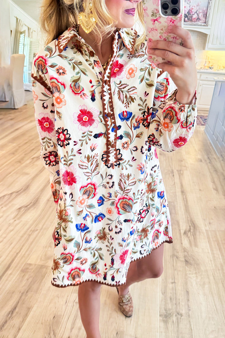 Cream Multi Print Long Sleeve Dress