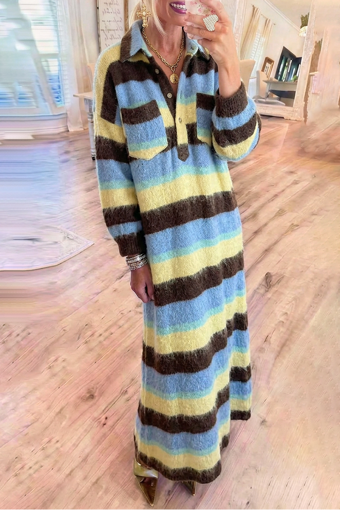 Striped Fuzzy Knit Pocket Maxi Dress