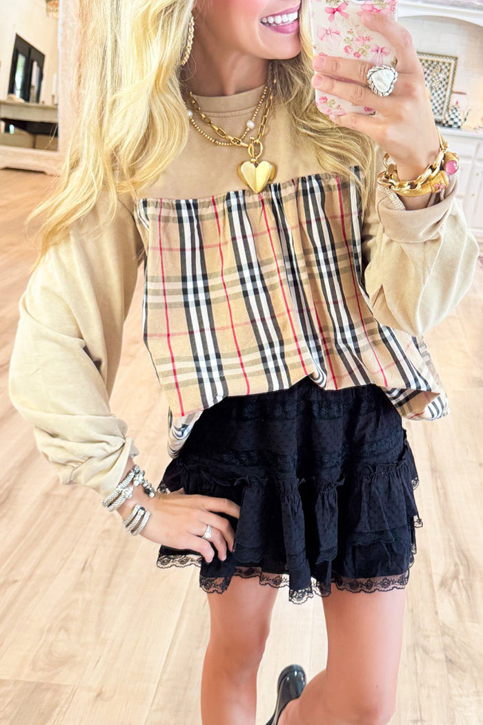 Taupe Solid & Plaid Mix Match Top