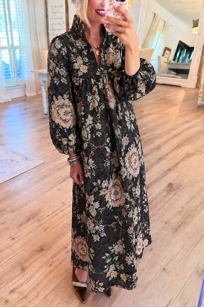 Black Floral Stand Collar Pocket Maxi Dress