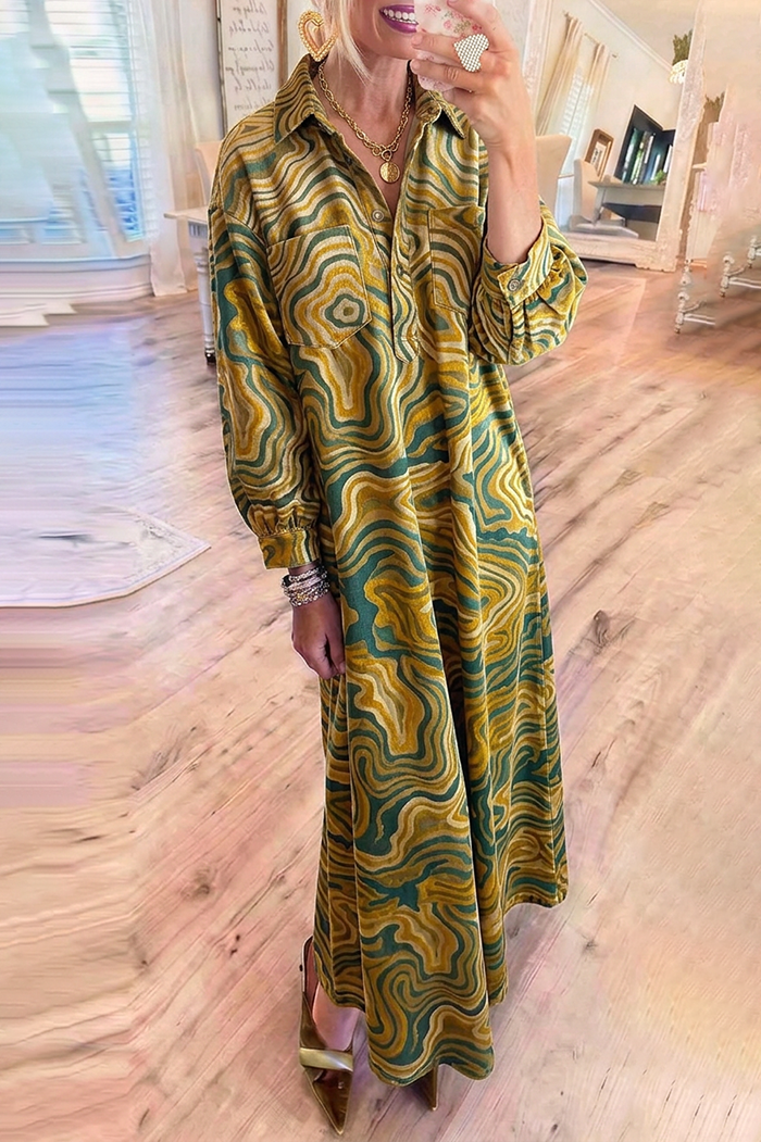 Marble Swirl Print Shirt Collar Long Sleeves Chest Pockets Maxi Dress
