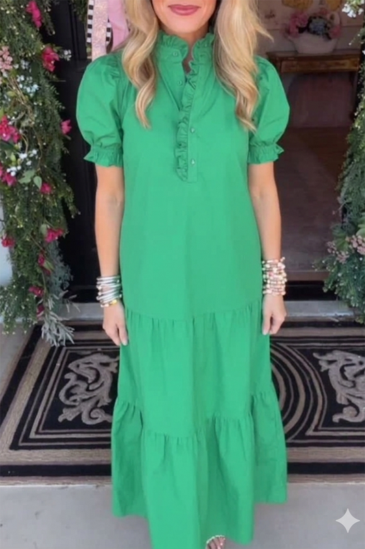 Ruffle Collar Puff Sleeve Maxi Dress