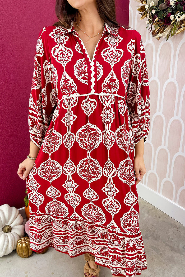 A Charming Wine Patterned Midi Dress