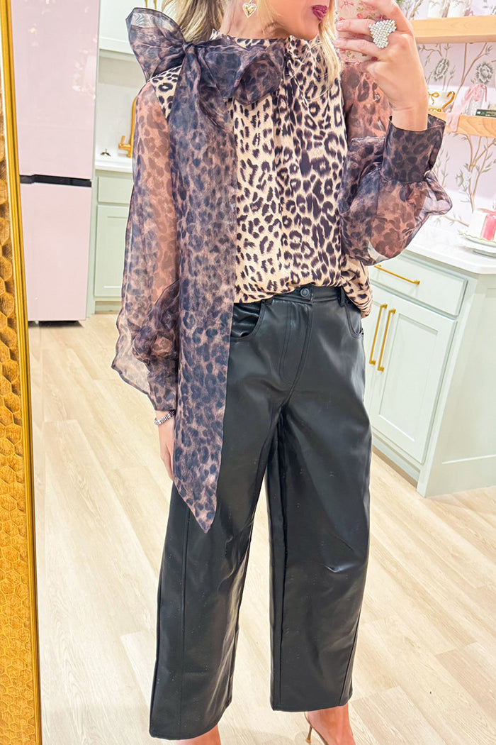 Casual Leopard Sheer Sleeve Bow Top