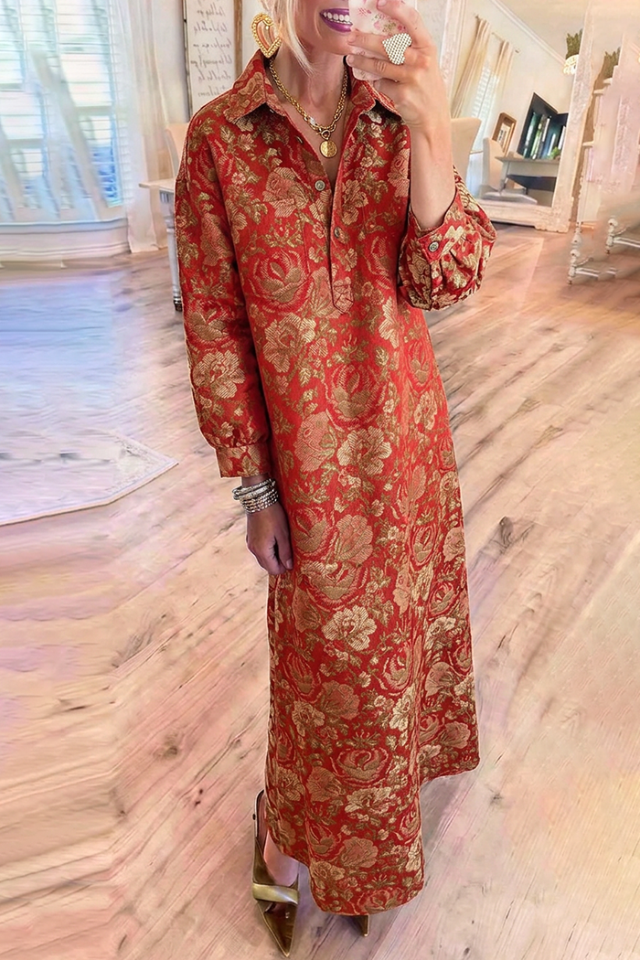 Metallic Floral Jacquard Collared Balloon Sleeve Maxi Dress
