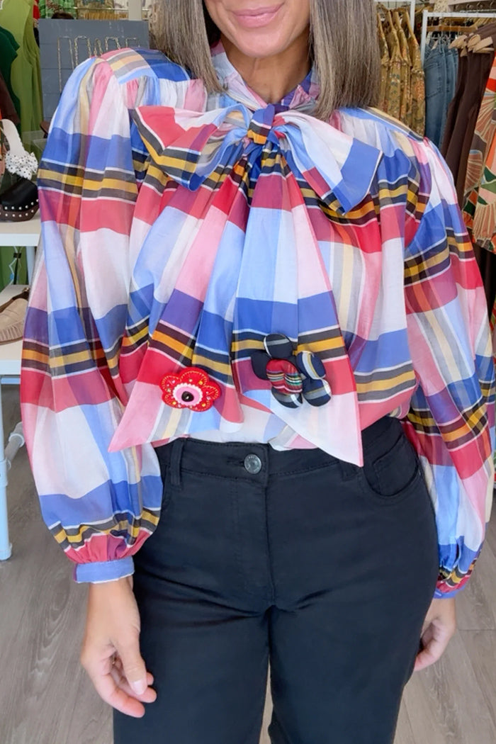 Plaid Bow Puff Sleeve Shirt