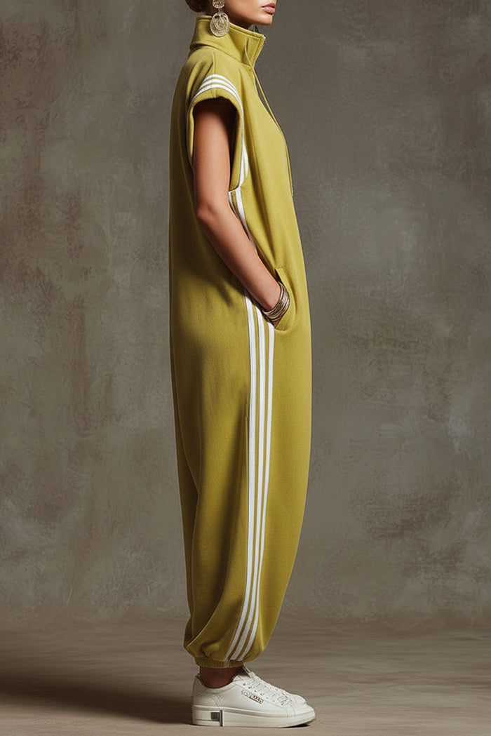 Sporty Pocket Yellow-Green Sleeveless Jumpsuit