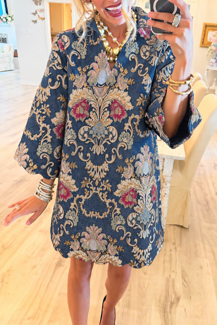 Floral Denim Bell Sleeve Pockets Dress