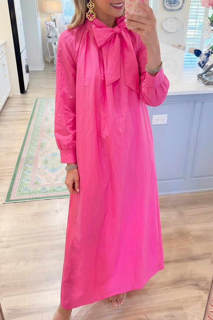 Bow Neck Puff Long Sleeve Maxi Dress