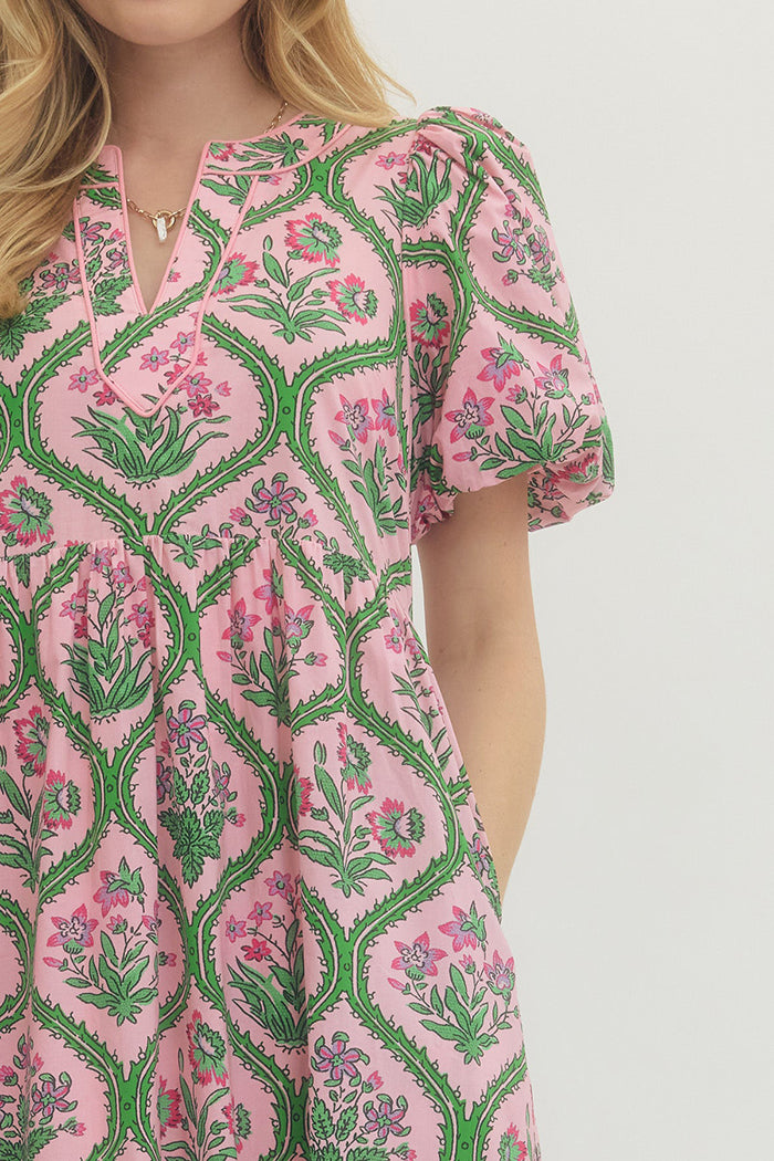 Floral Puff Sleeve Tiered Pocket Midi Dress