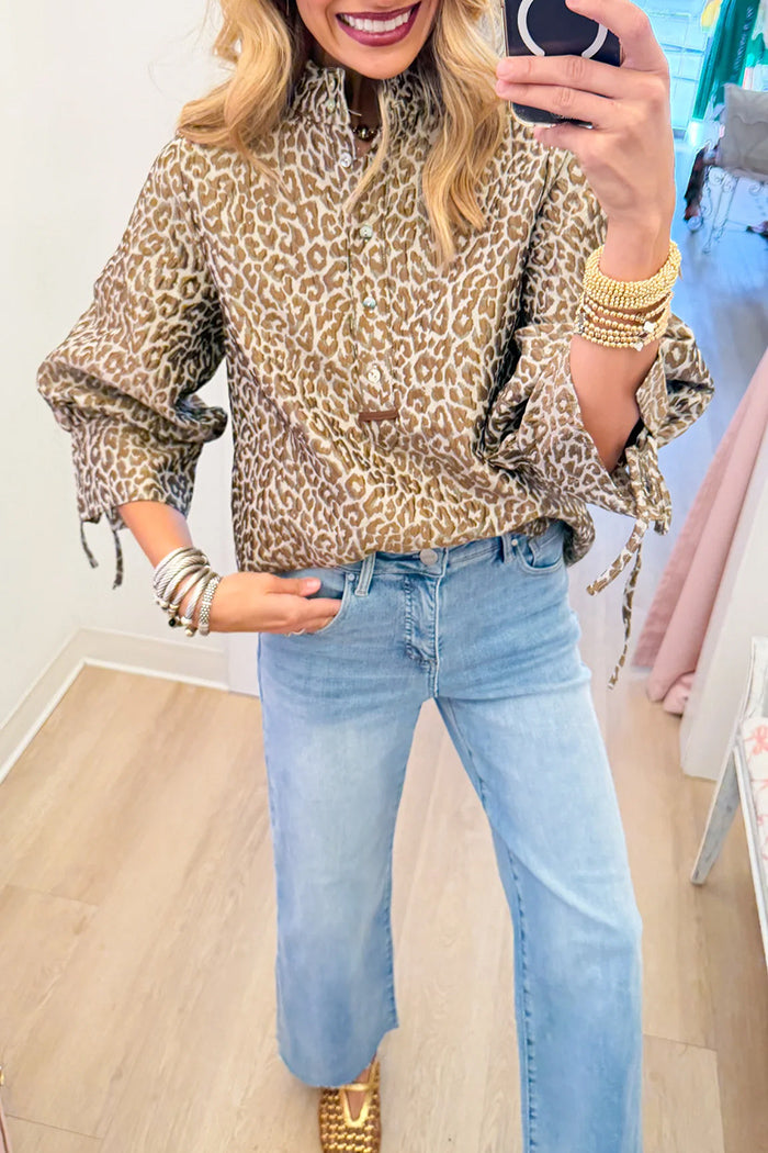 Taupe Leopard Jacquard Puff Sleeve Top