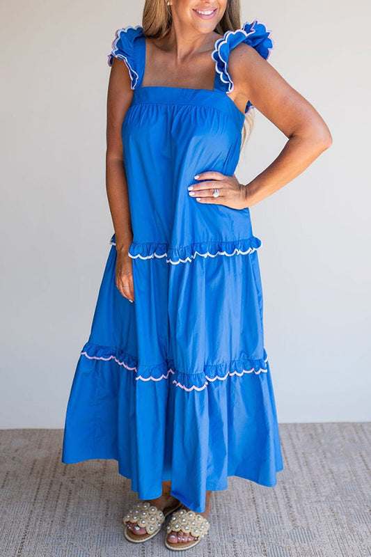 Scallop Shoulder Strap Pleatede Hem Dress