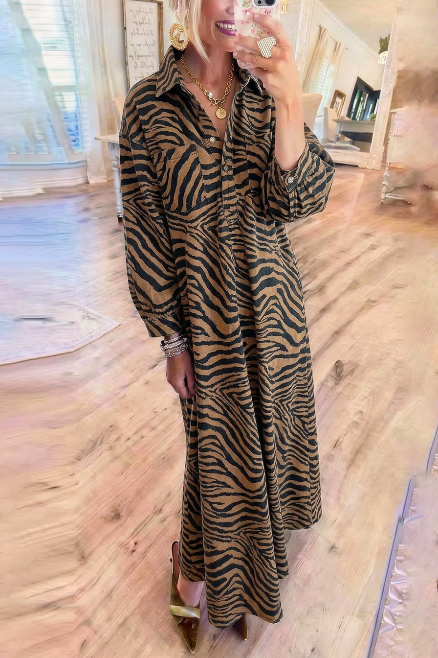 Tiger Stripe Denim Long Sleeve Maxi Dress