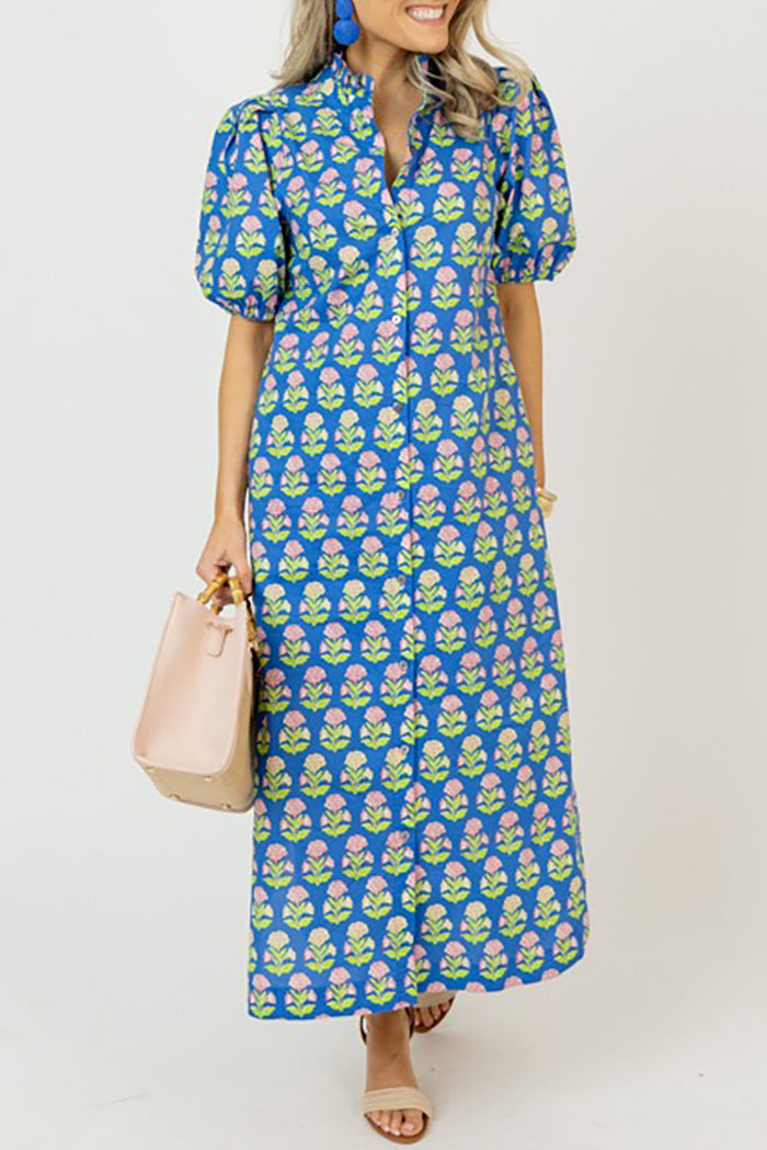 Puff Sleeve Floral Button Midi Dress