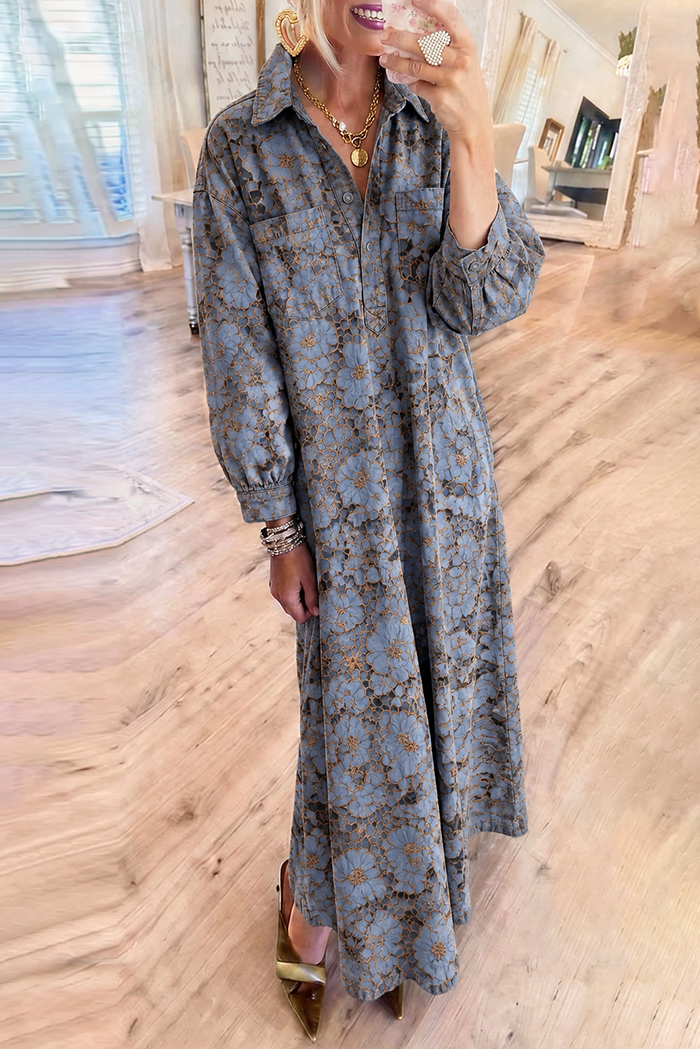 Blue Floral Shirt Collar Puff Sleeve Pockets Maxi Dress