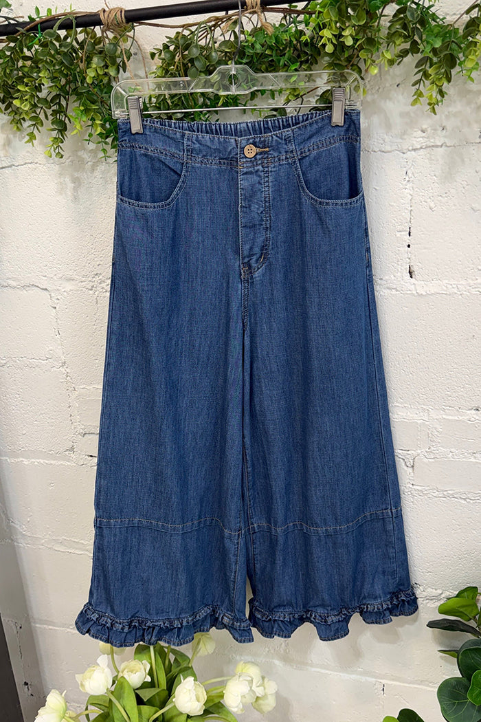 Denim Elastic Waist Wide Leg Ruffle Hem Pants