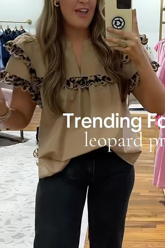 Leopard Patchwork Ruffle Sleeve Top