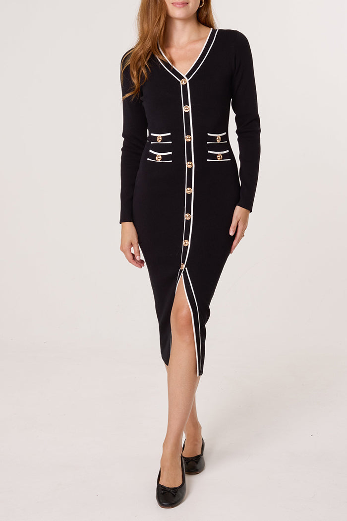 Button Contrast V-Neck Dress