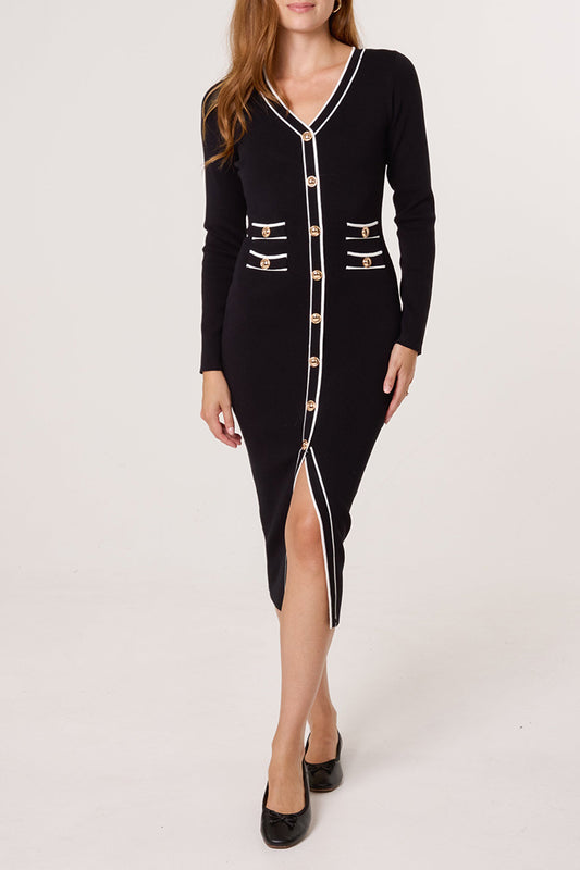 Button Contrast V-Neck Dress