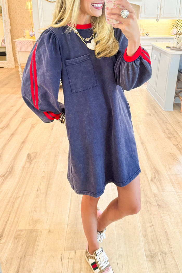 Contrast Trim Sweatshirt Pockets Dress