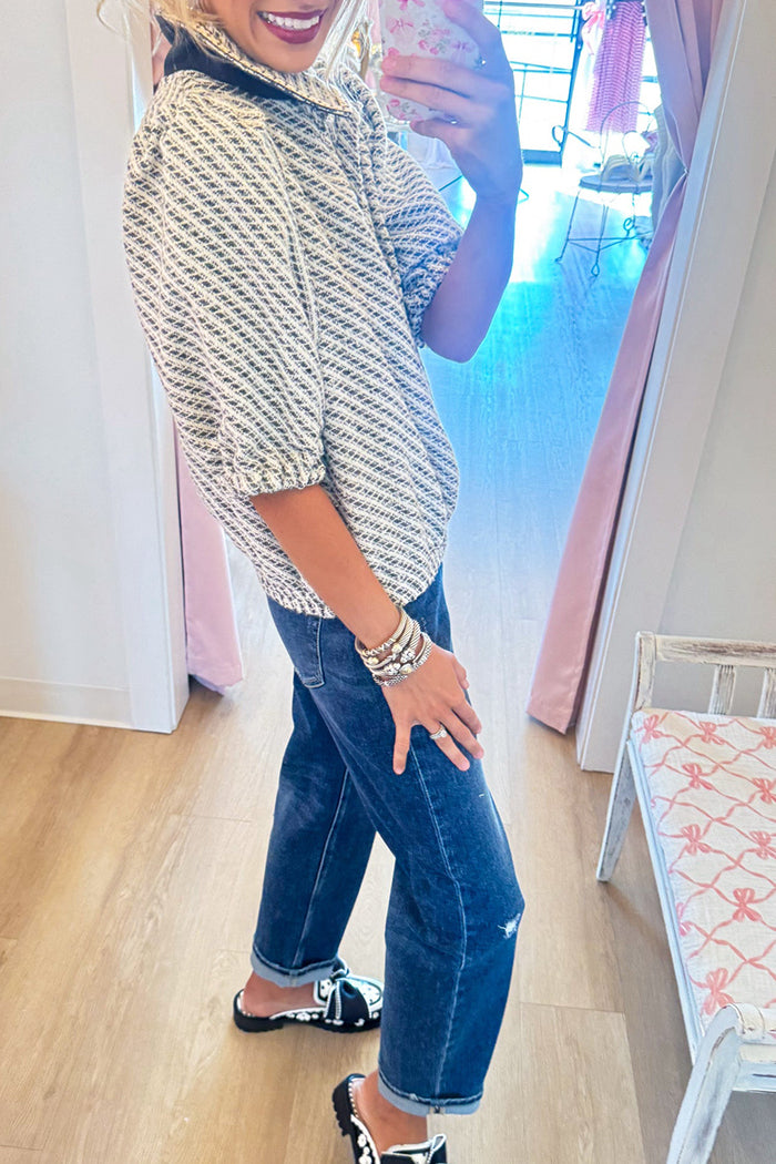 Collared Short Puff Sleeve Grey Tweed Pearl Button Top