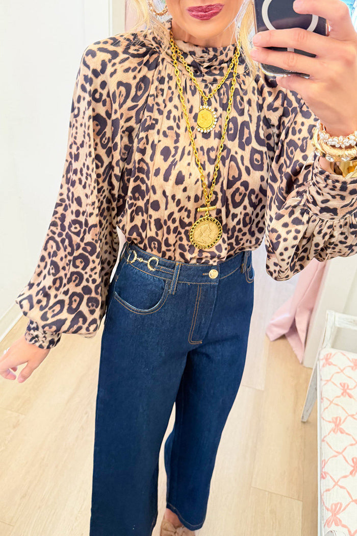 Camel Leopard Balloon Sleeve Top