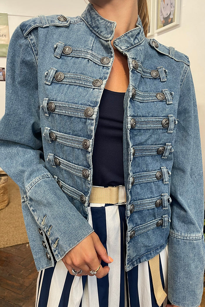 Epaulette Flare Cuff Military Denim Jacket