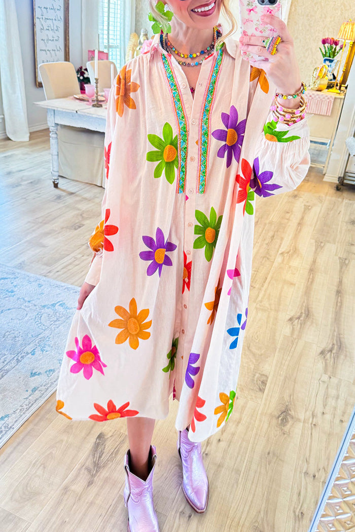 Multi Flower Print Long Sleeves Dress