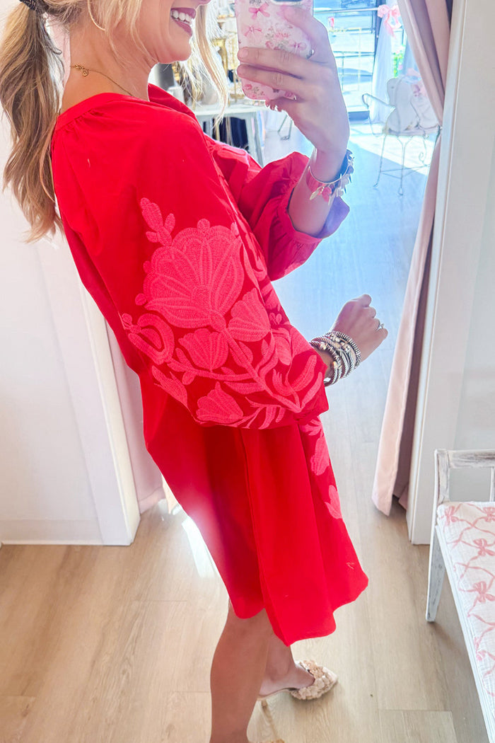 Red Neon Pink Floral Three Quarter Sleeve Dress