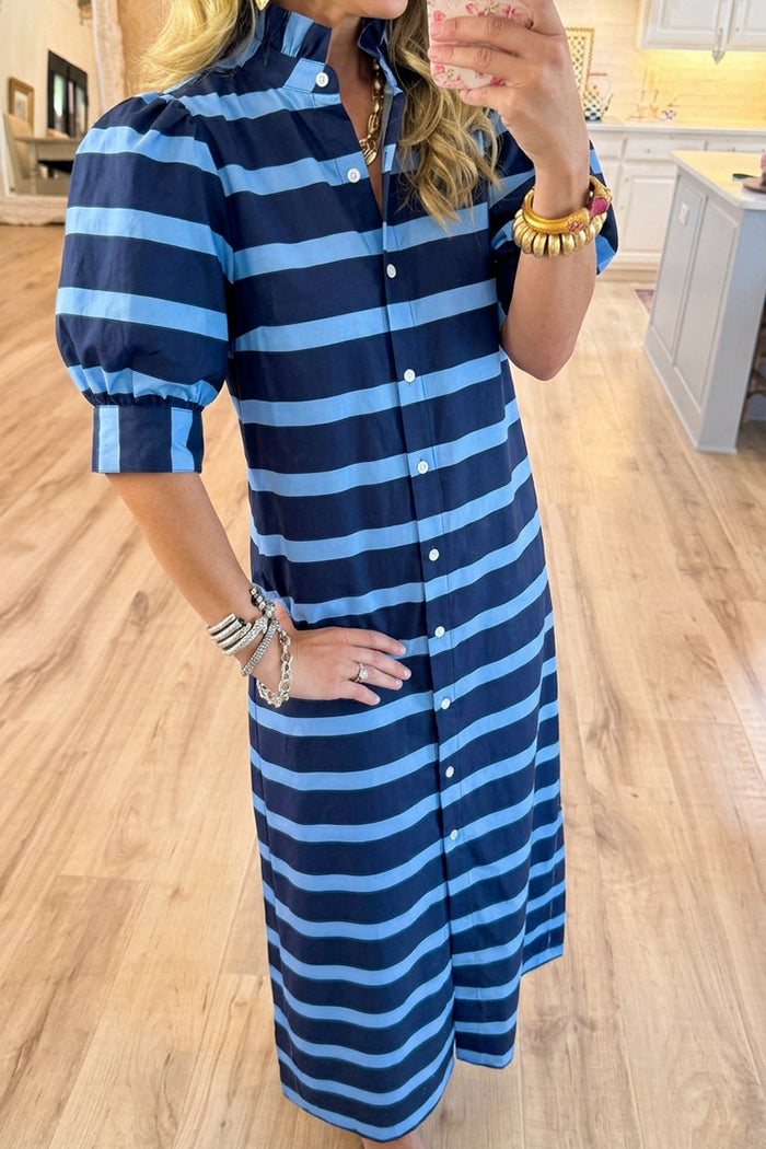 Classic Striped Button Front Maxi Dress