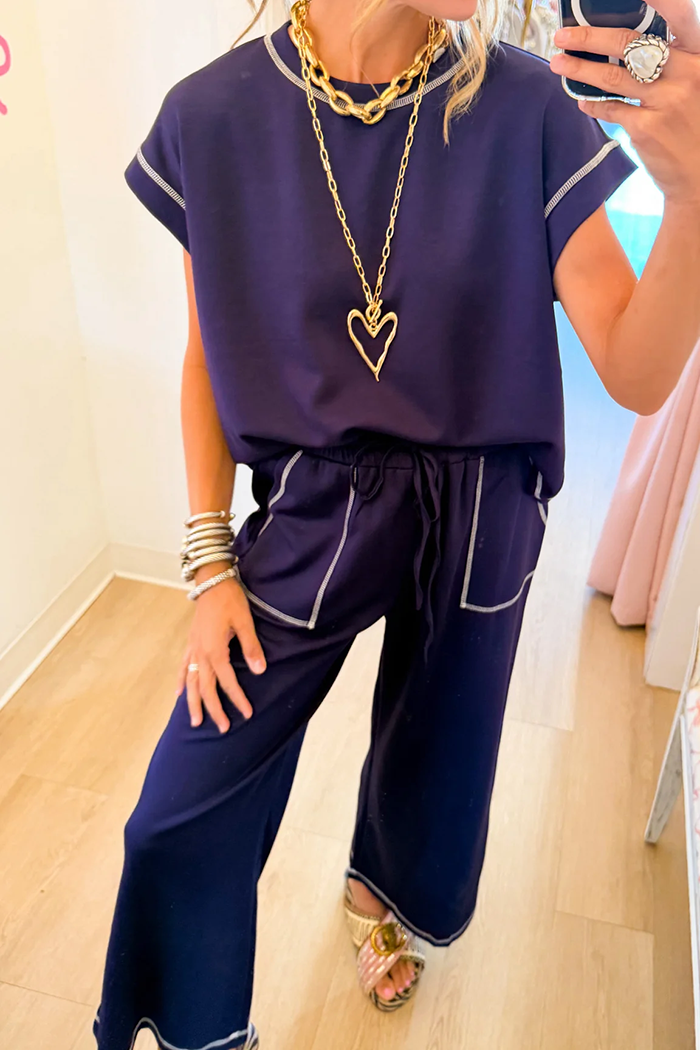 Navy Contrast Stitch Lounge Set