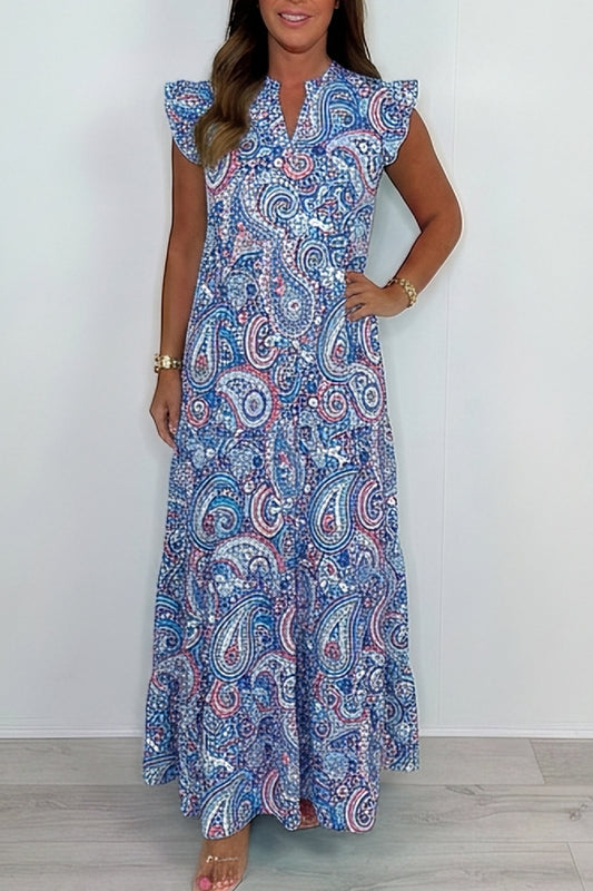 Ruffle Sleeve Paisley Print Maxi Dress