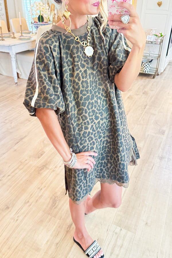 Leopard Puff Sleeve Lace Trim Dress