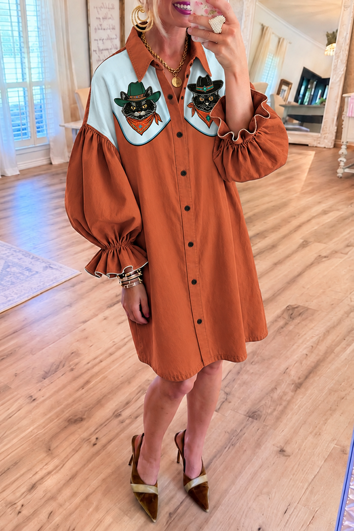 Rust Denim Cowboy Cat Bubble Ruffle Sleeve Pockets Dress