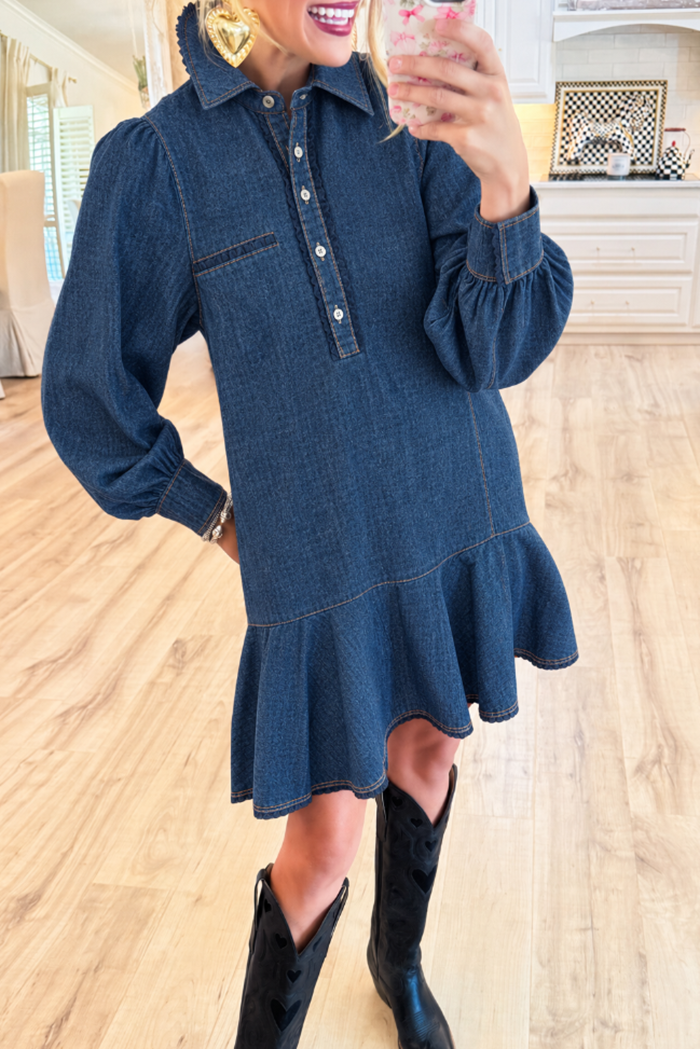 Puff Sleeve Ruffle Hem Denim Pockets Shirt Dress