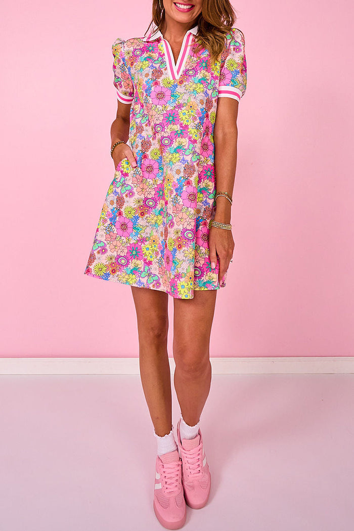 Ribbed Collar Full Bloom Floral Dress
