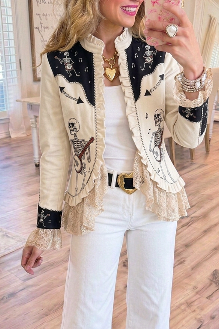 Cream Color Block Skeleton Music Print Lace Ruffle Hem Cropped Jacket