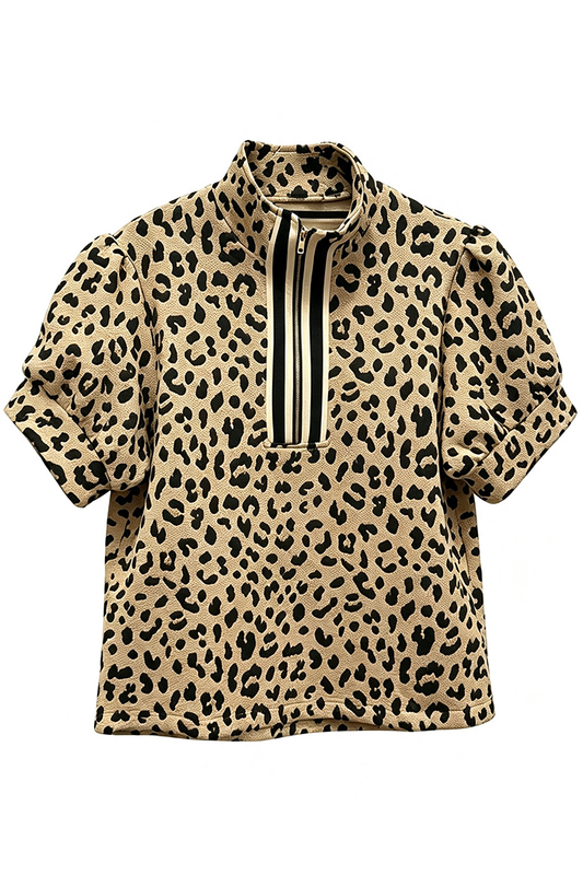 Stand Collar Half Zip Puff Short Sleeve Leopard Print Top