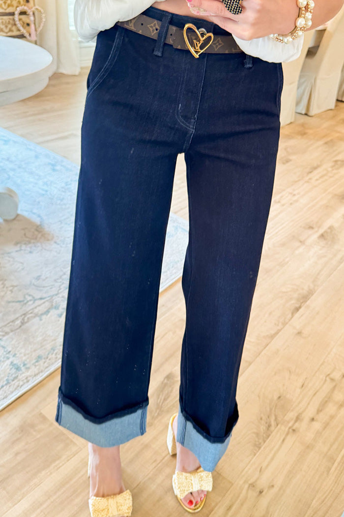 Dark Denim Wide Leg Cuffed Jeans